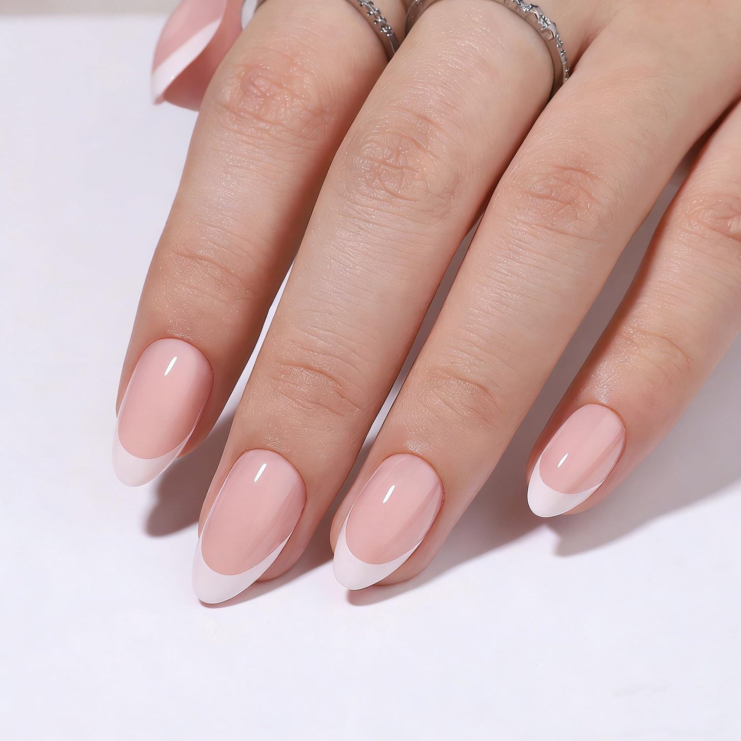 Nude French Tip Short Almond Press on Nails, Classic White Tip Fake Nails Kit with Glue, Reusable Gel Nails for Daily Wear, Date, Office - 32 Pcs & 16 Sizes