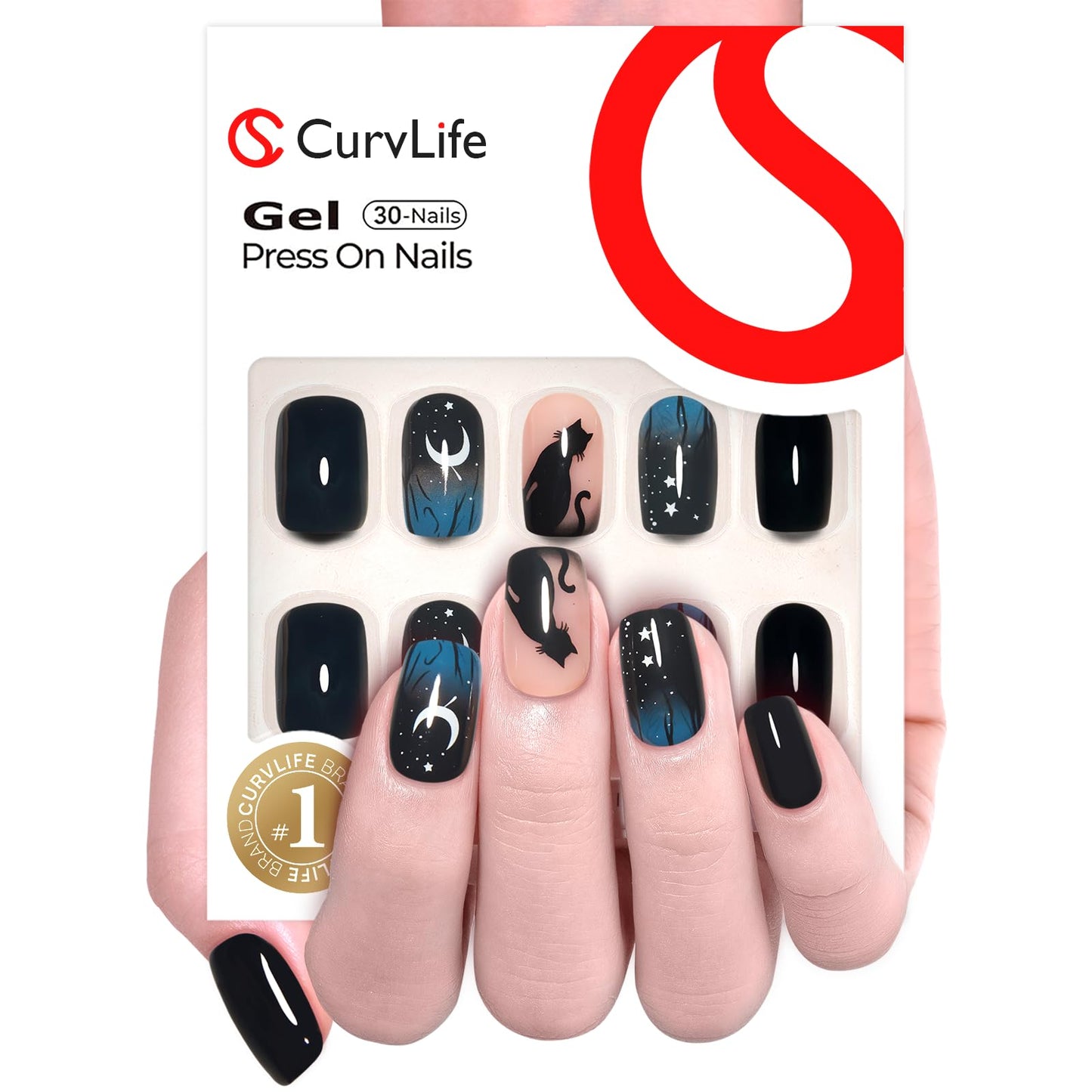 CurvLife Press on Nails Acrylic Fake Nails with Night Medium Square Design Full Cover False Nails for Women Reusable Nail Kit with Nail Glue Adhesive Tabs