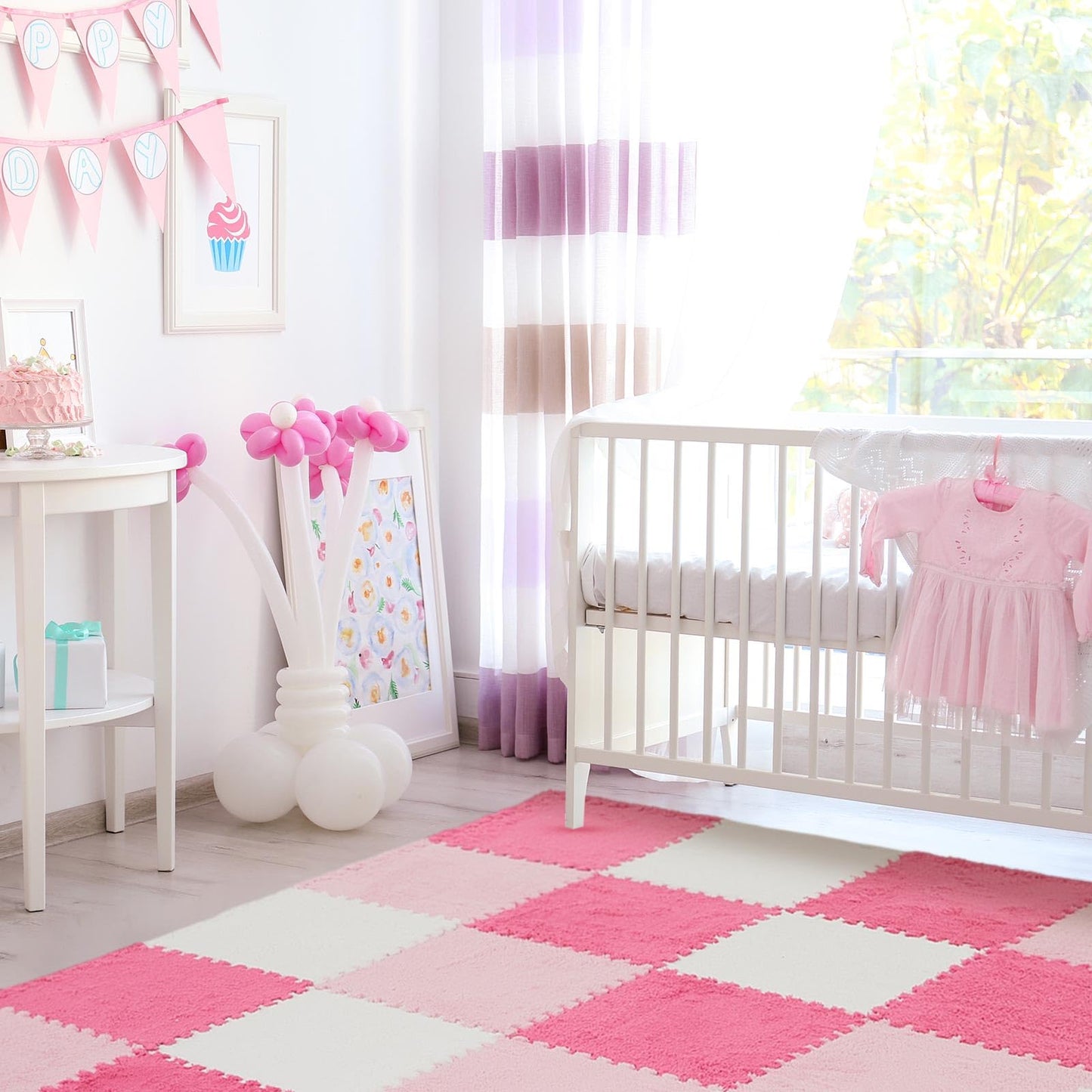 Amylove 72 Pieces Plush Foam Floor Mat Square Interlocking Carpet Tiles with Border 12 x 12 x 0.4 in Fluffy Play Mat Floor Tiles Soft Climbing Area Rugs for Home Playroom(White, Pink, Rose Red)