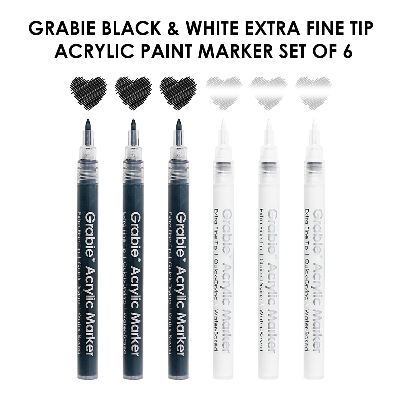 Grabie Black & White Extra Fine Tip Acrylic Paint Marker Set, 6 Pack, 0.7mm Acrylic Paint Pens for Highlights and Fine Details on Drawings, Rock Painting Glass Canvas Wood, White Highlight Markers