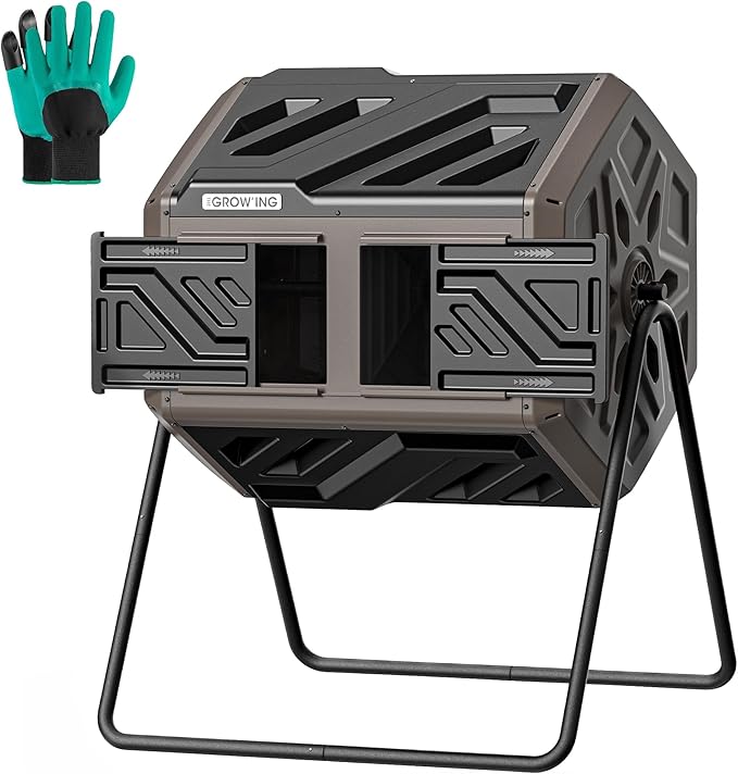 THEGROW'ING Updated 43 Gallon Compost Bin Outdoor, Fast Assemble Tumbling Composter, Dual Chamber Composter Tumbler, Rotating Compost Bin for Outside, Backyard, Garden and Yard, Coffee
