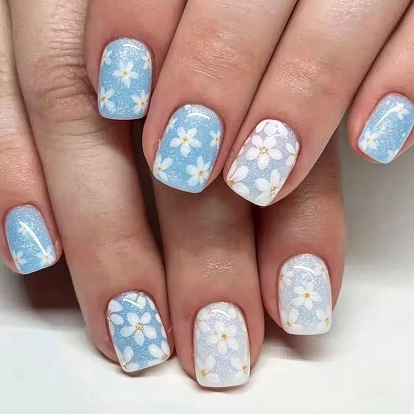 Blue Press on Nails Short Square Fake Nails with Flower Glitter Designs Spring Nails Press ons White Glue on Nails Summer Acrylic Nails Cute Floral Stick on Nails for Women 24Pcs
