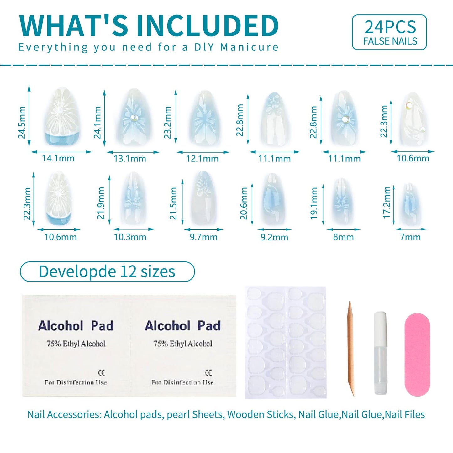 3D Summer Blue Press On Nails, Medium Almond Shape, 24pcs Fake Nails with Glue, Lemon Flower Bow Design, Pearl Gel Details, Reusable Acrylic Nails for Women