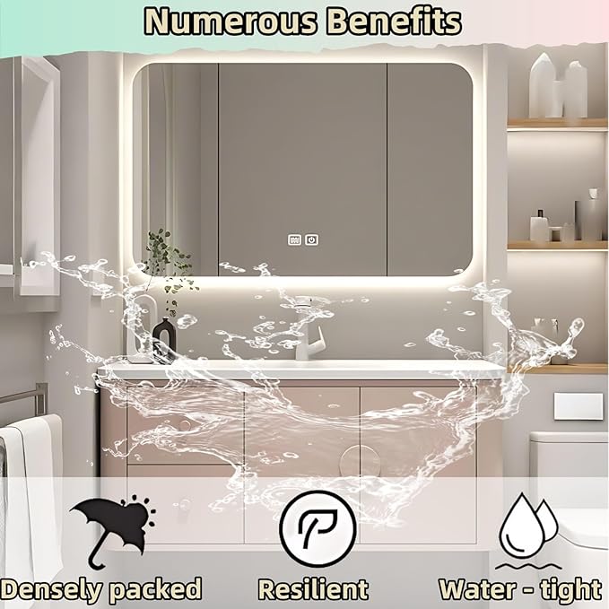 56IN Pink Modern Bathroom Vanity - Bathroom Vanities Set with 2 Drawers Wall Mounted | Rounded Corner Smart Defogging Mirror Cabinet with Lighting & Time Display, Side Opening Storage Shelf (Style A)