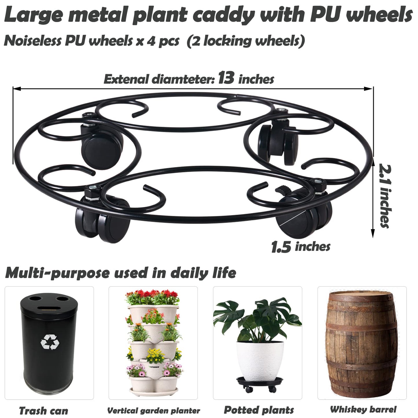 3 Packs 12.8" Metal Plant Caddy With Wheels - Large Rolling Stands Heavy-Duty Wrought Iron Roller Base Pot Movers Saucer Indoor Outdoor Dolly Coasters Planter Tray