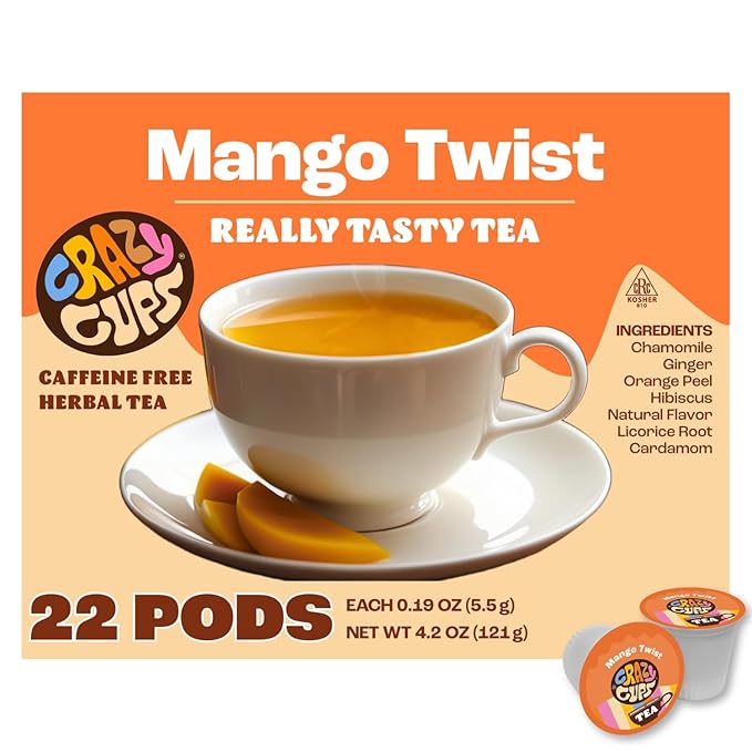 Crazy Cups Mango Twist Herbal Tea Pods, 22 Count | Caffeine Free, Kosher Certified, Fruity Tropical Chamomile Blend with Ginger & Hibiscus, K Cup Compatible, Vegan, Gluten Free Herbal Tea