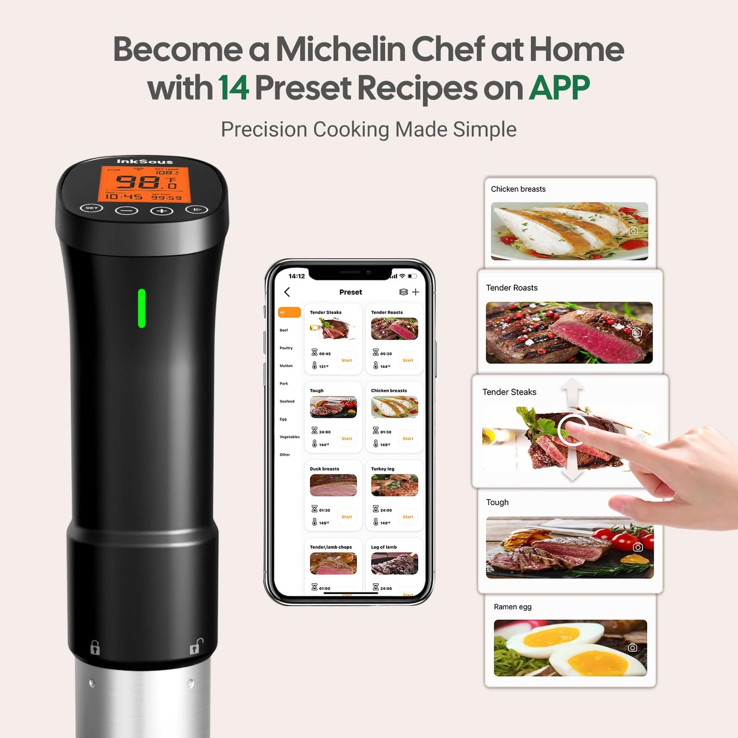 InkSous WIFI 2.4G Sous Vide Cooker 1000W Immersion Circulator with APP 14 Recipes,Alarm,Calibration & Timer, 3D Water Fast Heating Ultra-Quiet Sous Vide Machine