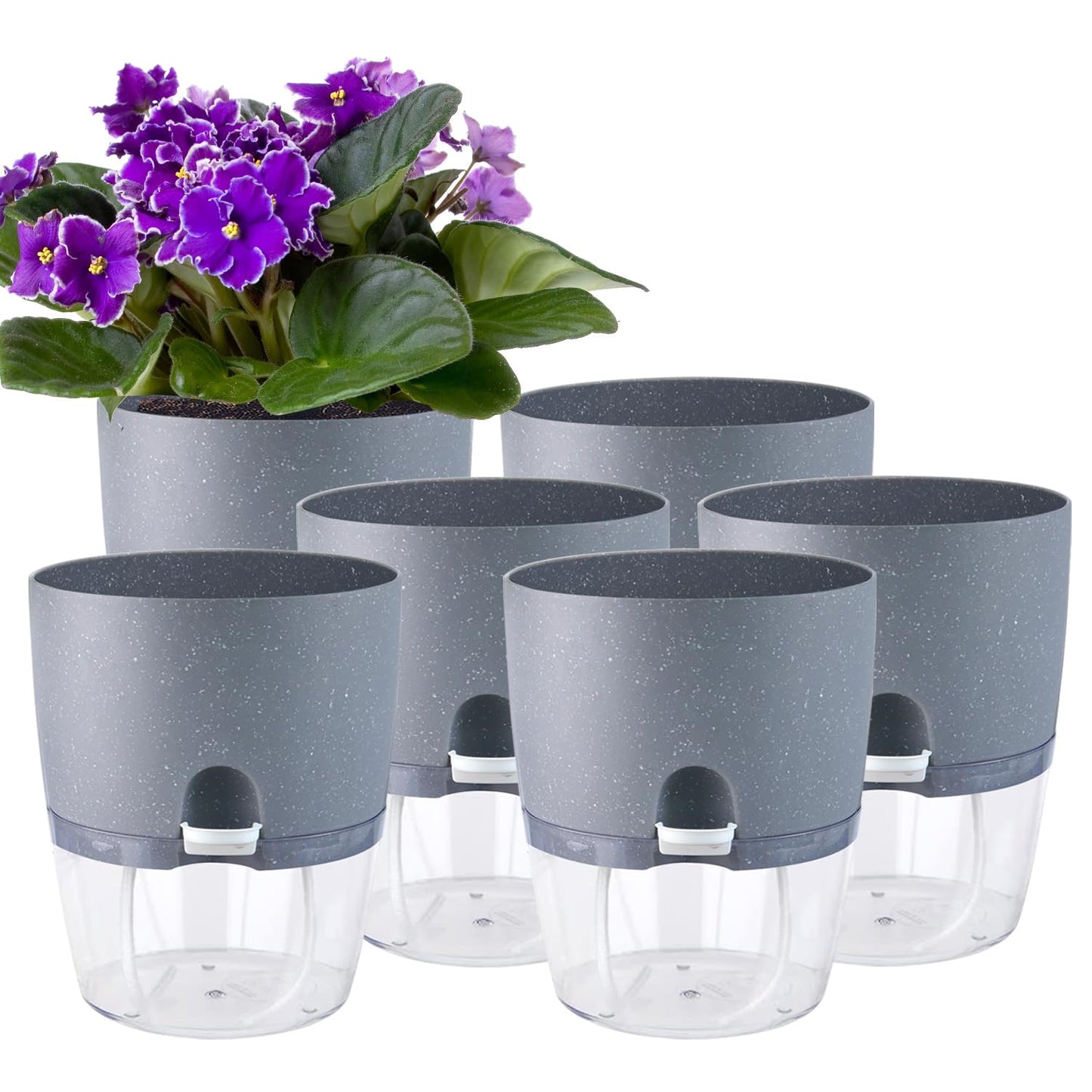Oliz 6 Inch Self Watering Pots for Indoor Plants, 6 Pack Grey Plastic Flower Pots with Drainage Holes for African Voilet Herbs All House Plants (Include 1 Spray Bottle)