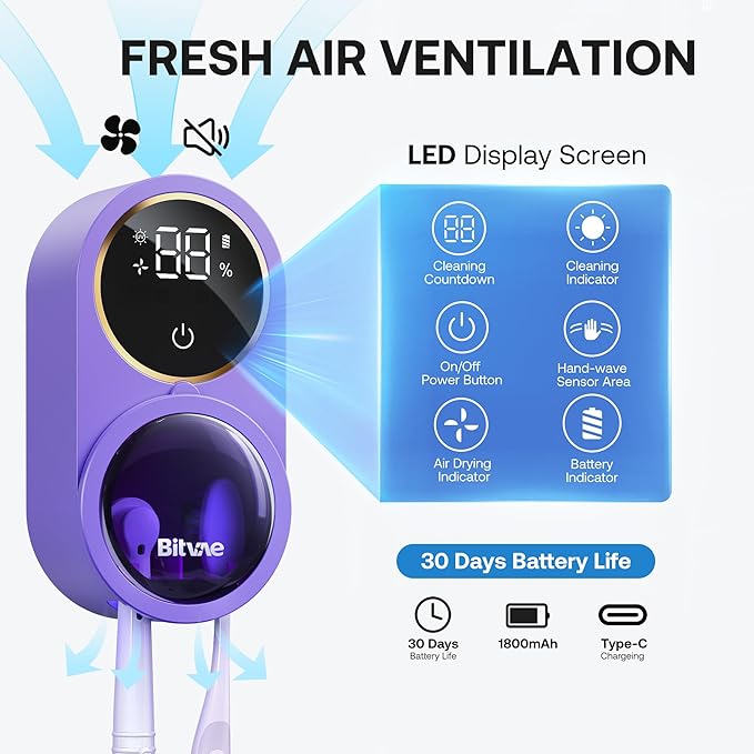 Bitvae Upgraded Tooth Brush Holder for Bathroom 2.0, Infrared Sensing Toothbrush Cleaner, Wall-Mounted for Any Size Toothbrushes, Air Drying, LED Smart Screen, Purple