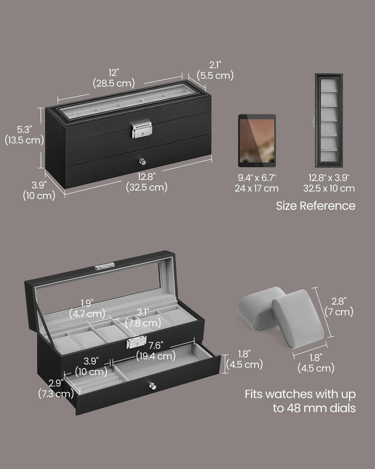 SONGMICS Watch Box, 6-Slot Watch Case Organizer with Large Glass Lid, 2 Layers, Removable Pillows, Metal Lock, Gift for Loved Ones, Black Synthetic Leather, Gray Lining UJWB060G01