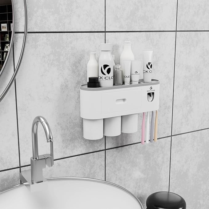 ROCK CLOUD Toothbrush Holder Wall Mounted Automatic Toothpaste Dispenser Squeezer Kit Saving Space, 4 Toothbrush Slots,2 Cups and Drawers for Bathroom