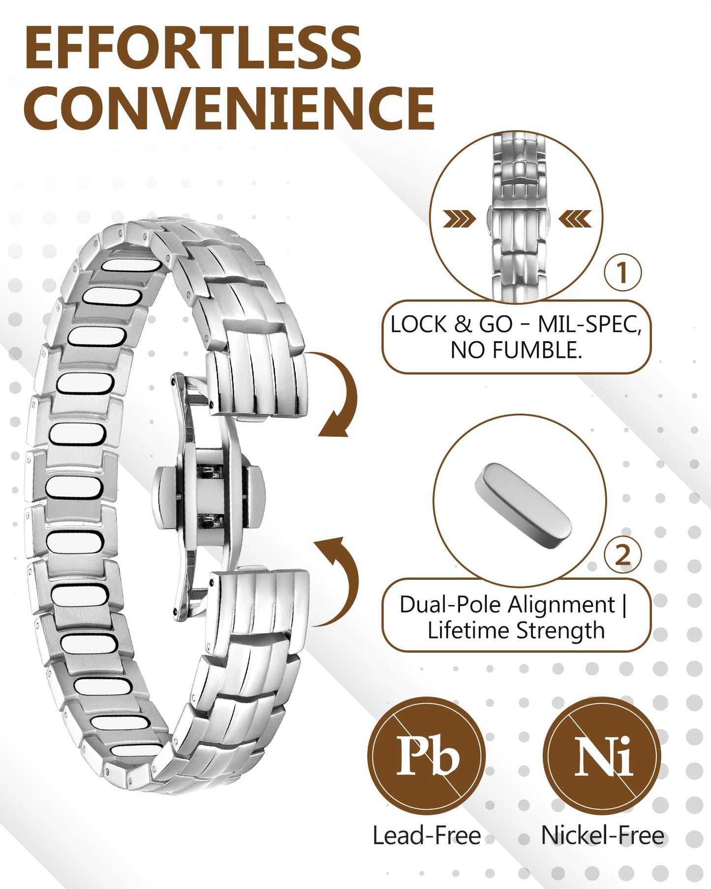 Feraco Magnetic Therapy Bracelet for Men,Titanium Steel Bracelet with 5X Strength Magnets,Premium Fold-Over Clasp (Silver)
