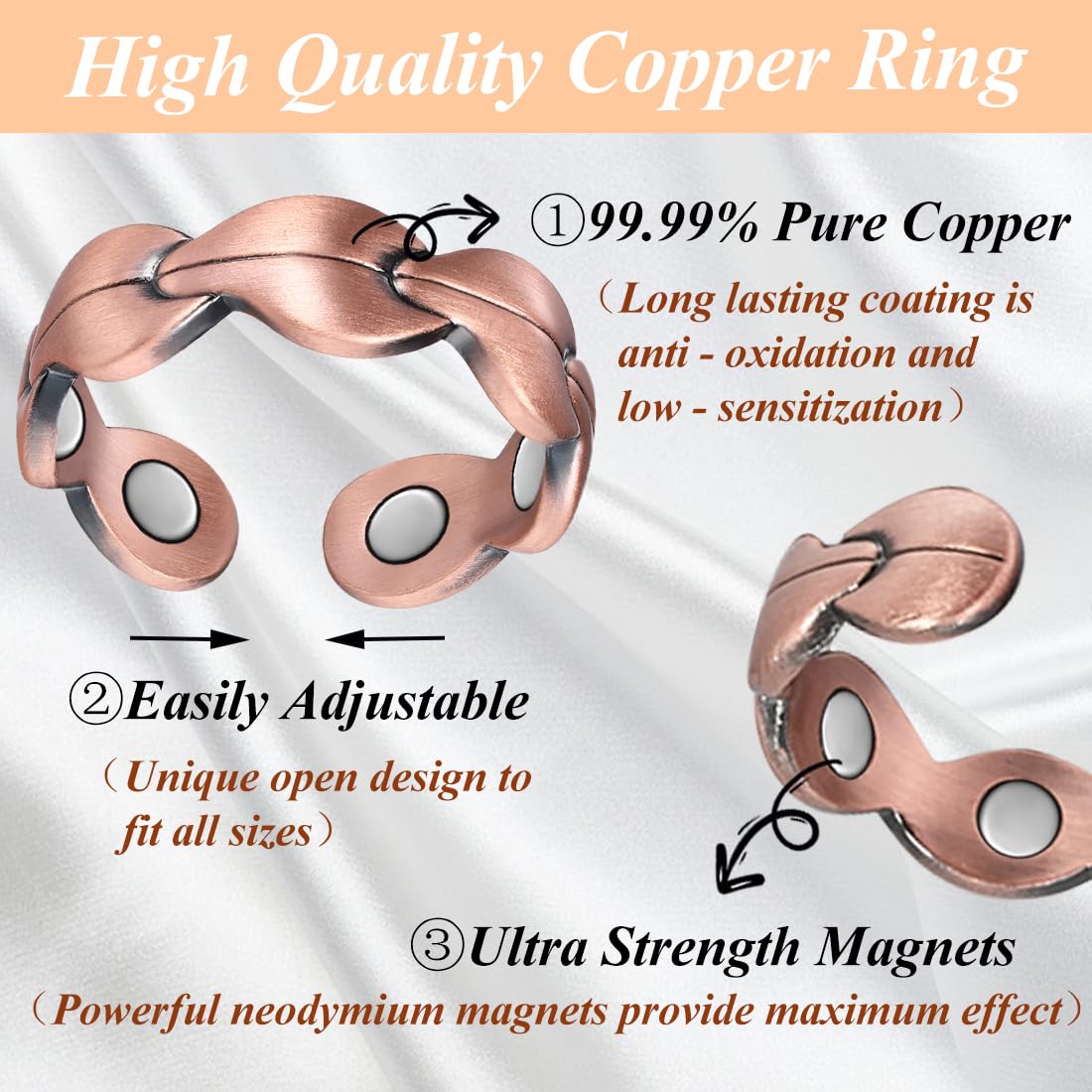 Cigmag 7X Copper Rings for Women - Pure Copper Ring - Adjustable with Present Box (2PCS)