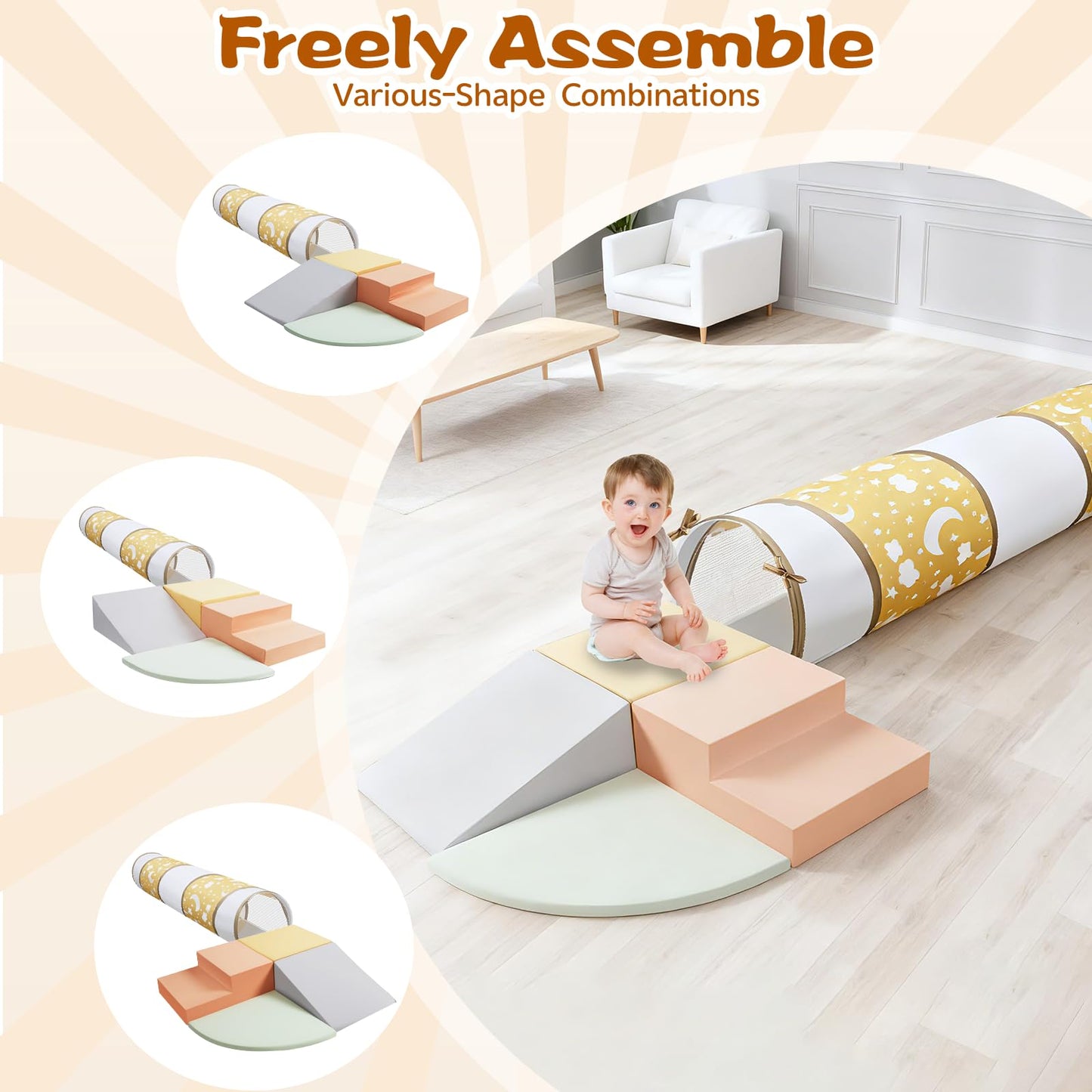 PATAZOK Climbing Toys for Toddlers, 5-Piece Soft Foam Climbing Blocks Set&Crawl Through Tunnel, Toddler Playtime Corner Climber Indoor Foam Play Gym (5-Piece Set&Tunnel)