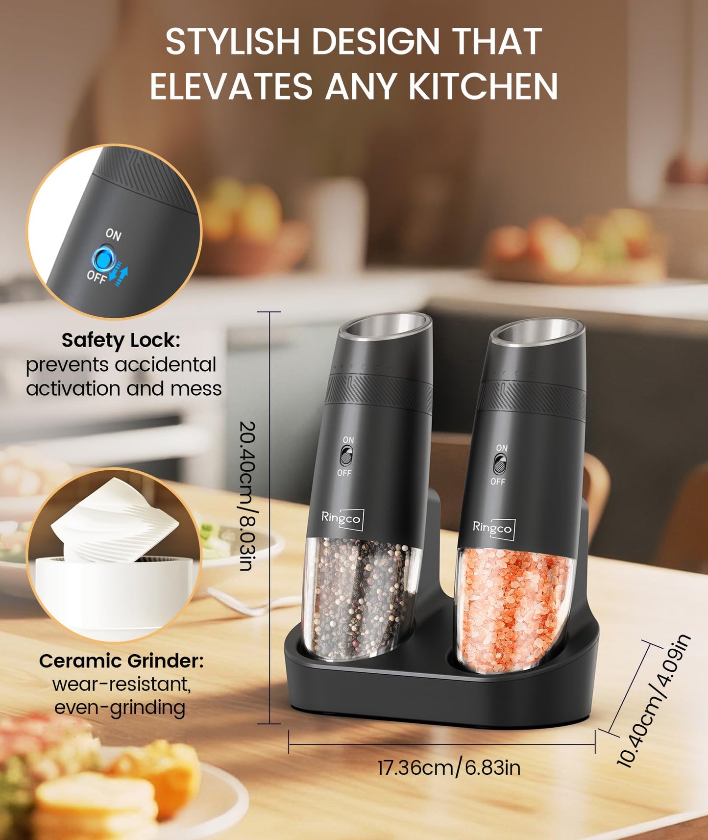 Ringco Gravity Electric Salt and Pepper Grinder Set with Charging Base, Automatic Gravity Salt and Pepper Mill with Adjustable Coarseness, LED Light, 135ml Large Capacity, Gifts for Women