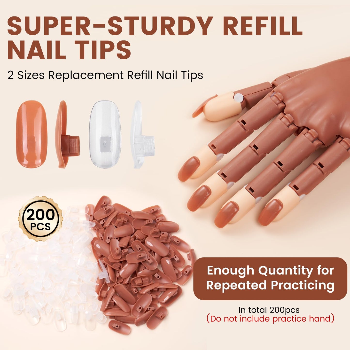 Fit for Wilfniee Magnetic Hand Only- 200PCS Replacement Nail Tips for Magnetic Practice Hand - Clear Brown Refill Acrylic Fake Nail Tips for Magnetic Nail Practice Hand