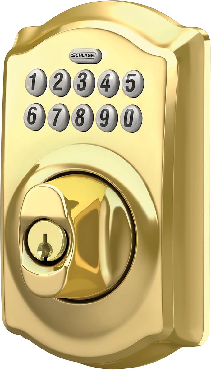 Schlage BE365 CAM 505 Camelot Keypad Deadbolt, Electronic Keyless Entry Lock, Bright Brass