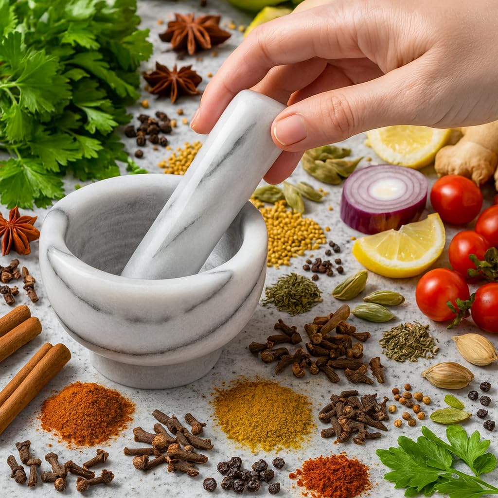 HIC Kitchen Mortar and Pestle Set, Solid Carrara Marble, 3.8-Inch, Spice Herb Grinder, Pill Crusher, Nut Butter Maker