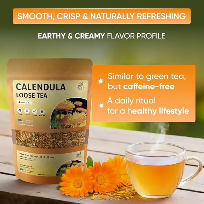 Calendula Loose Tea – 6 oz Size - Marigold & Dried - Calendula Tea Bulk Flowers Gluten-Free and Caffeine-Free Herbal tea for Relaxation, Wallness, From real Flowers with Smooth Taste