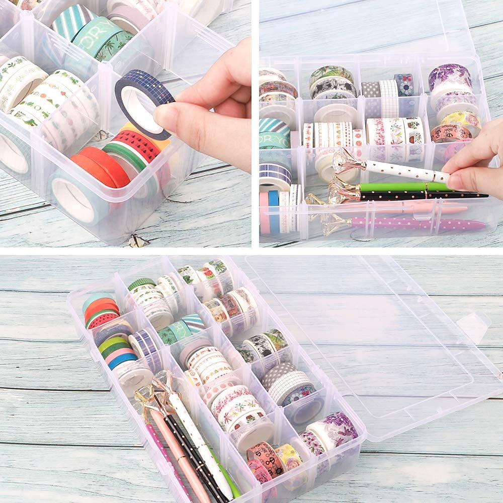 SGHUO 3 Pack 15 Grids Large Plastic Storage Organizer Box,15 Compartments with Dividers for Tackle Box, Beads, Washi Tape, Ribbon, Crafts, Art Supply 10.9X6.5X2.2inch