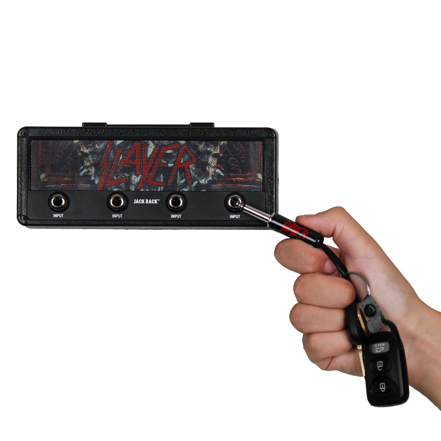 P Pluginz Jack Rack Wall mounting Key Hanger. Includes 4 Guitar Plug Keychains and Wall mounting Hardware. (Slayer)
