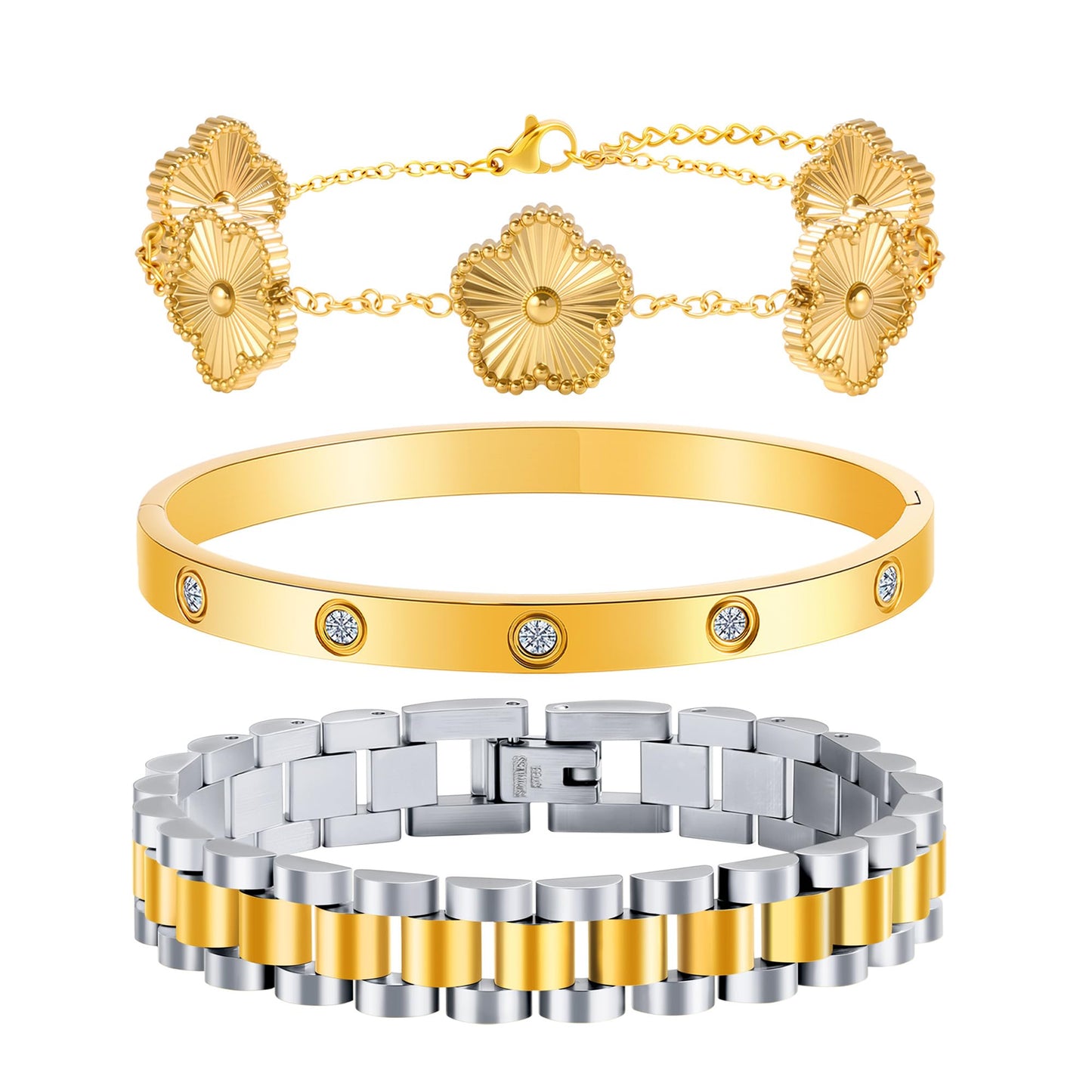 ISELBDR 2PCS 18K Gold Chain Link Bracelets for Women - Stackable Love & Friendship Theme Bangle Bracelet Set,Non-Tarnish Stainless Steel Jewelry with Adjustable Tool. (3pcs-Gold/Silver)
