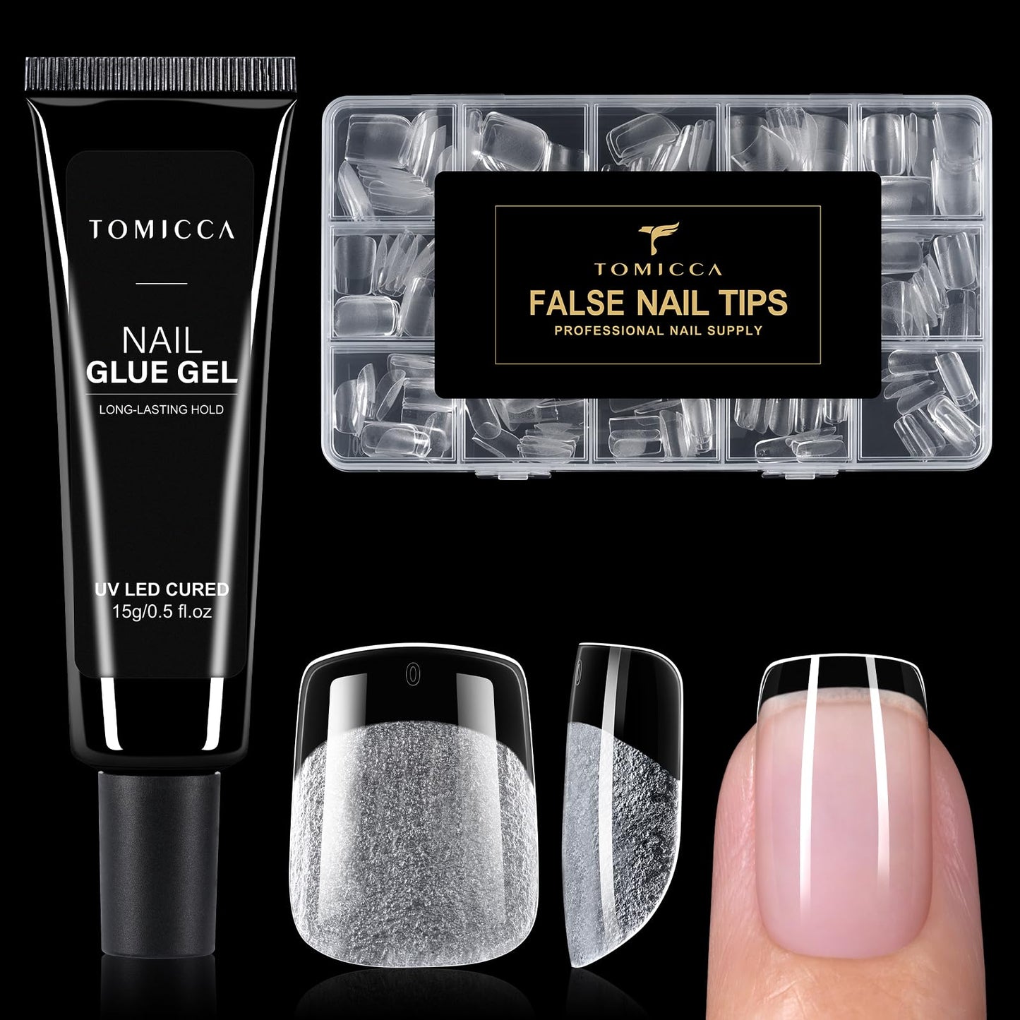 TOMICCA 240Pcs Extra Short Square Nail Tips & 4 in 1 Nail Glue 15g