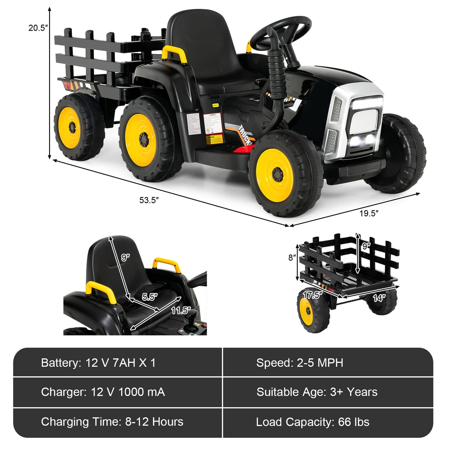 OLAKIDS 12V Kids Ride On Tractor, 2 in 1 Electric Vehicle with Remote Control, Detachable Trailer, Toddlers Battery Powered Driving Toy with 2 Speeds, Music, USB, Bluetooth, Lights (Black)