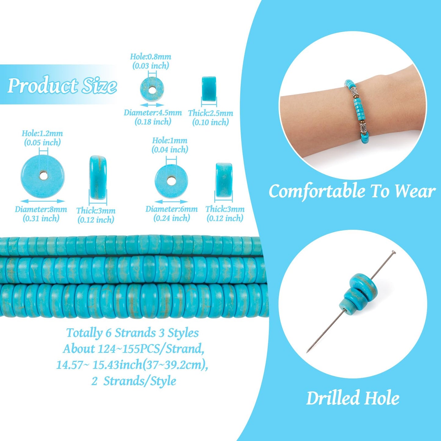 900Pcs Natural Blue Turquoise Beads Turquoise Heishi Disc Beads 4.5/6/8mm Flat Round Gemstone Bead for Women Bohemian Earring Bracelet Jewelry Making