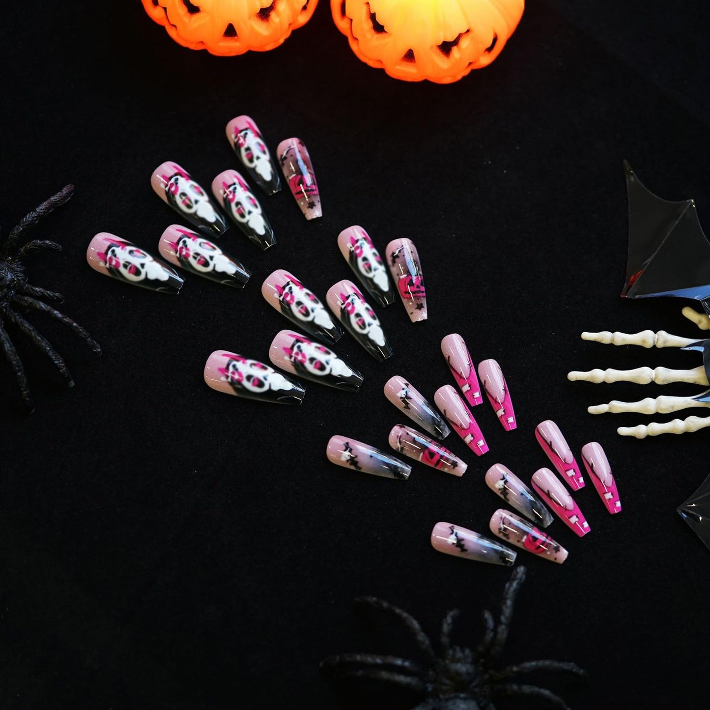 MISUD Press on Nails - Long Coffin Fake Nails with Halloween Goth, Acrylic Scary Ghost Design 24 pcs