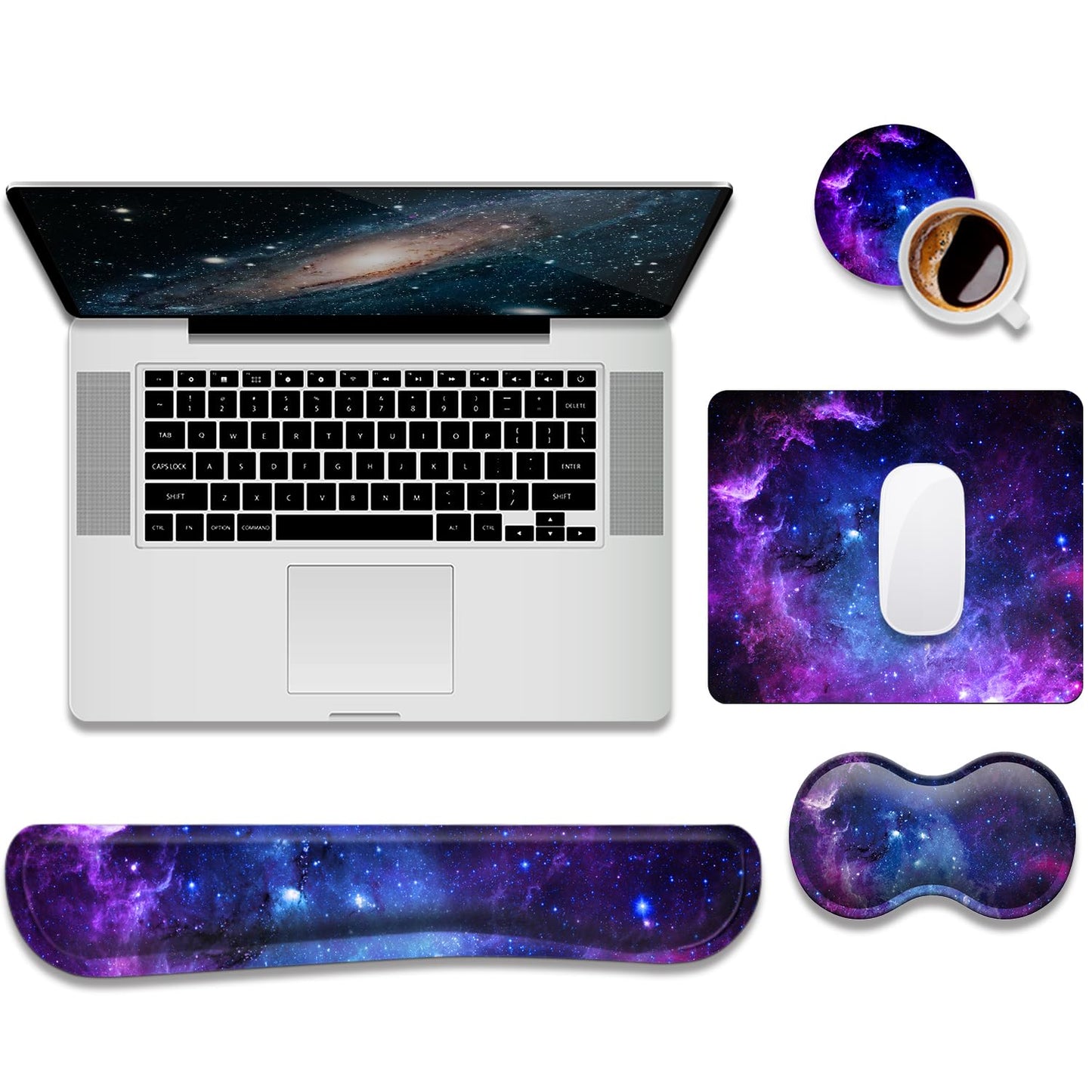Keyboard Wrist Rest Support + Mouse Pad + Mouse Wrist Rest + Coaster, 4 PCS Set Ergonomic Memory Foam Mousepad with Durable Anti-Slip Rubber Base for Office, Home & Easy Typing Pain Relief, Galaxy