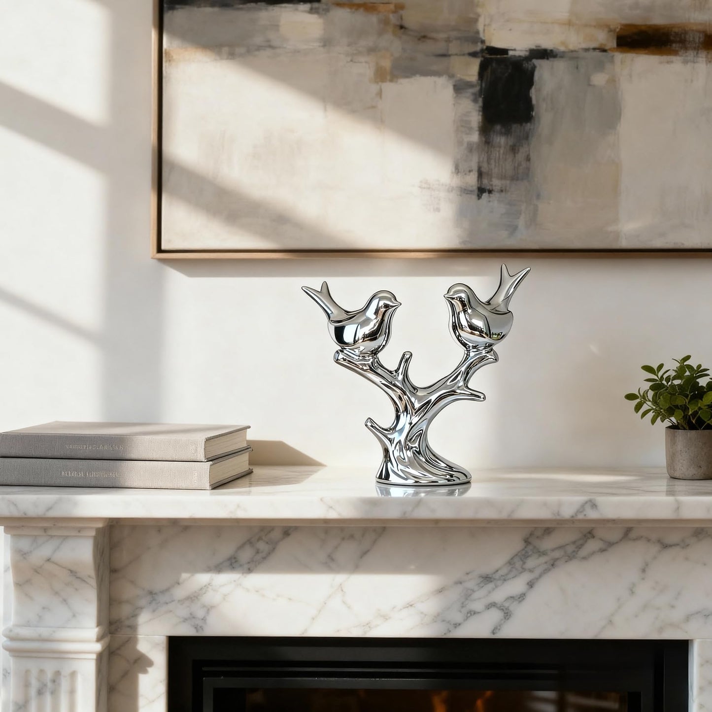 Jubiluxor Silver Ceramic Bird Statue, Mirror Chrome Finish, Two Lovebirds on Branch, 7-Inch Mantel & Bookshelf Decor, Modern Home Sculpture, Housewarming Wedding