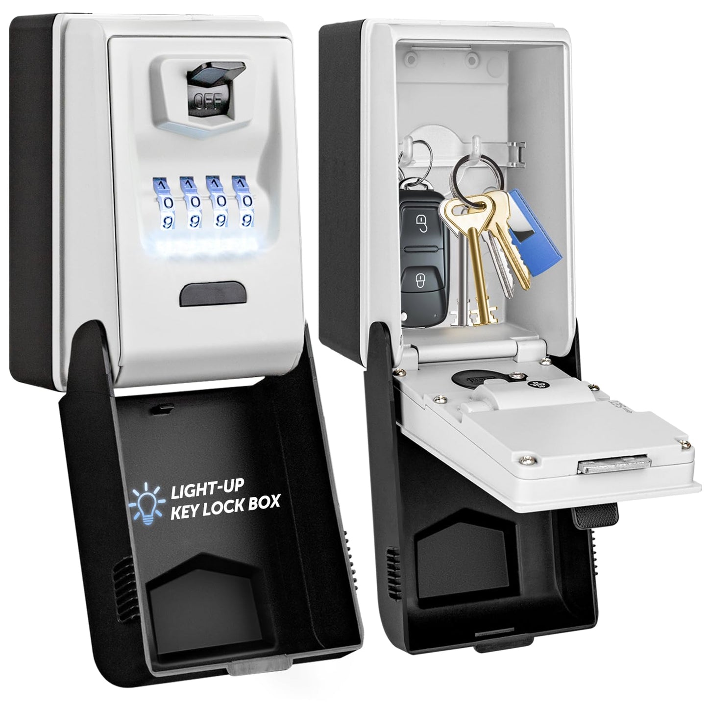 HUANLANG Key Lock Box Wall Mount - Outdoor Combination Lock Box with 6 Dials Light Up, Waterproof Key Safe Large Capacity for House Office Garage School