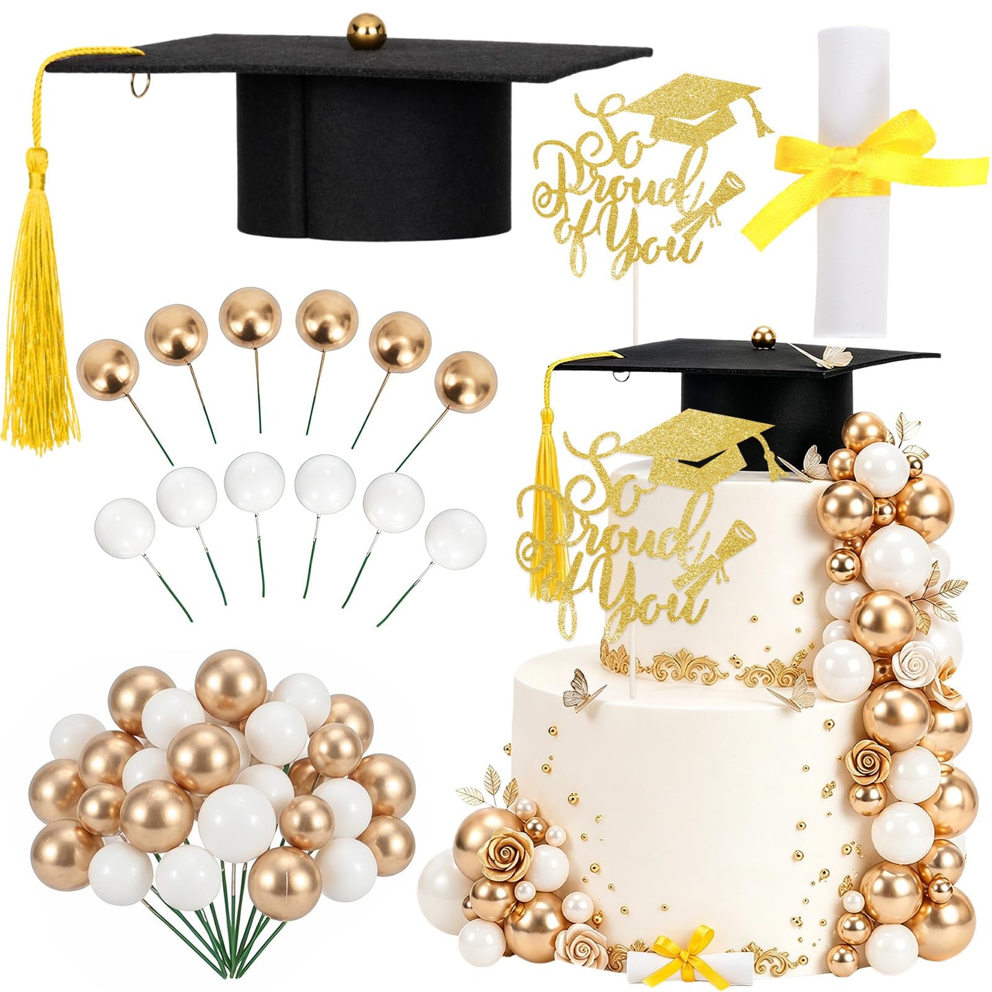 43 Pcs Graduation Cake Kit Included Felt Grad Cap with Tassel Grad Cake Topper Graduations Party Supplies So Proud of You Cupcake Topper for Congrats Senior High School College Party Decor(Gold White)