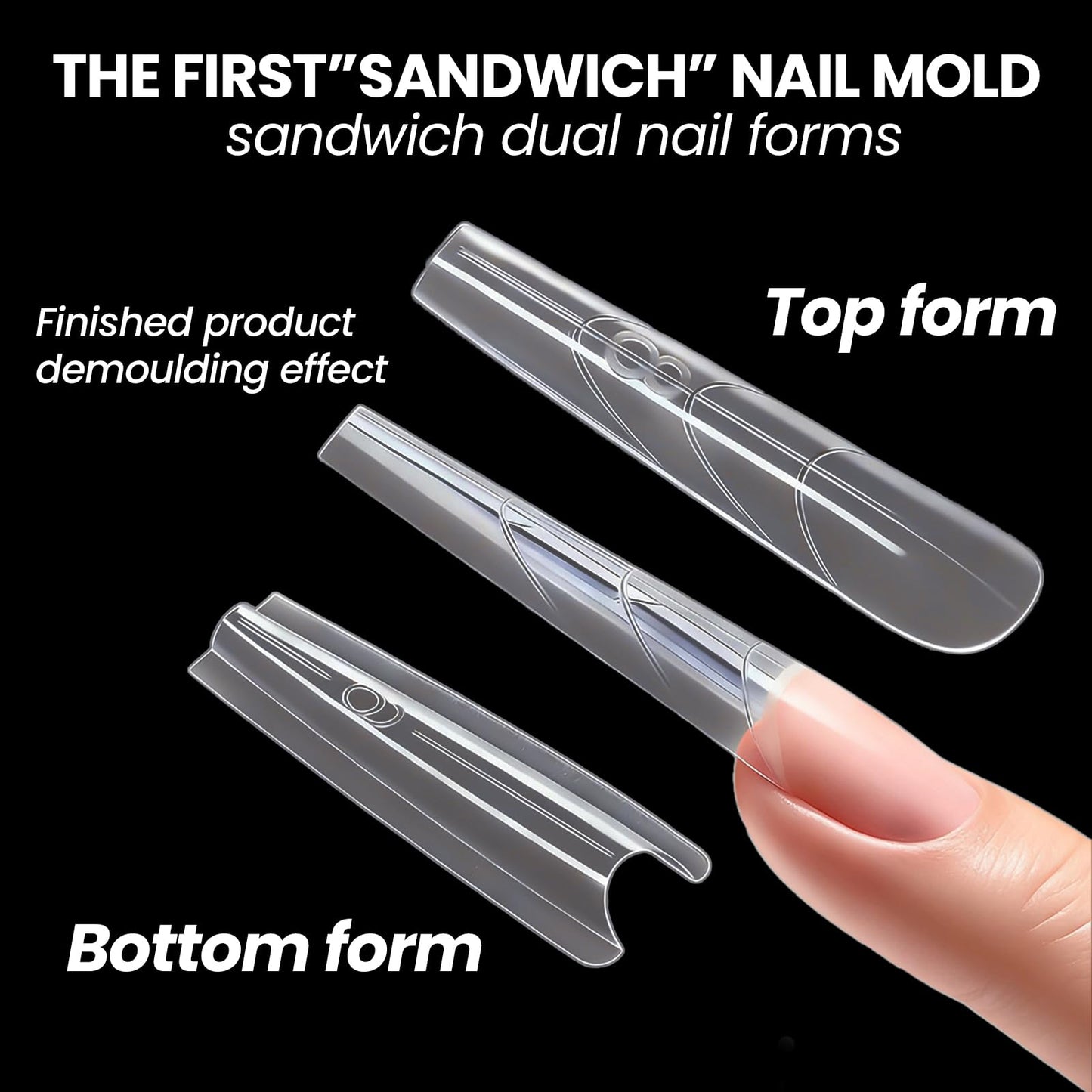 Sandwich Nail Dual Forms - 240Pcs | Almond Round Shape Nail Extension Kit with Alignment Guides | Reusable Mold for Builder Gel & Polygel (Long coffin shape)