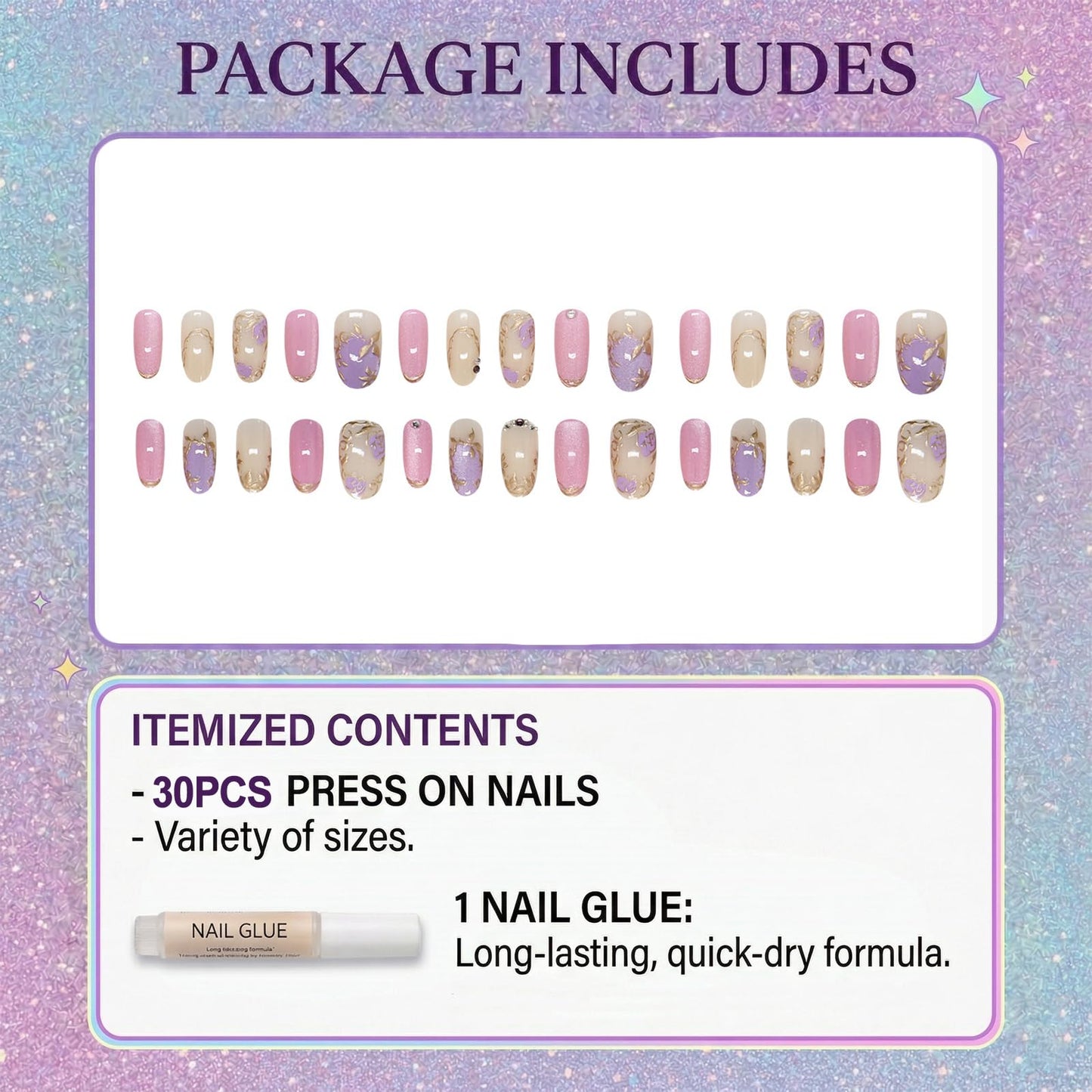 IMRAIN Almond Press on Nails, Medium Fake Nails, Vintage 3D Rose Flower Gold Outlining, 30 Pcs Reusable Glue on Nails for Women, Salon Quality