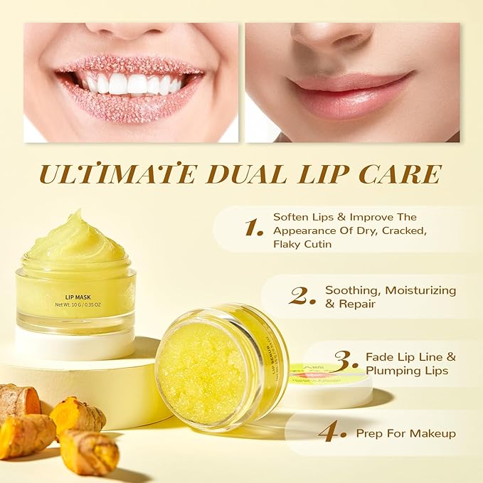ANAI RUI Christmas Gifts For Girls, Lip Care Kit, Lip Sugar Scrub Set, Lip Sleeping Mask & Lip Exfoliator Scrub, Overnight Lip Treatment, Scrub & Moisturizer for Dry, Chapped, Cracked, Lips, Turmeric
