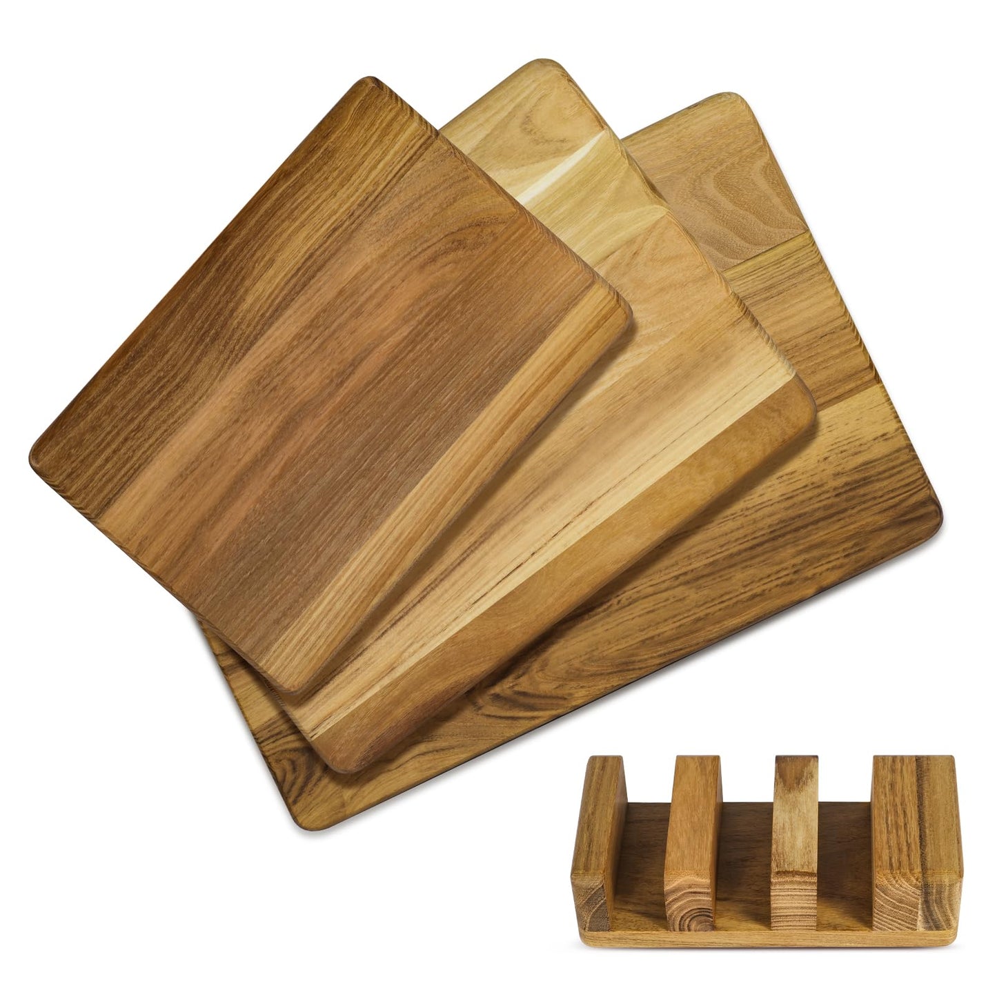 GrovePlatin Teak Wood Cutting Boards for Kitchen (Set of 3), No Juice Groove Chopping Board Charcuterie Cheese Board with Storage Stand