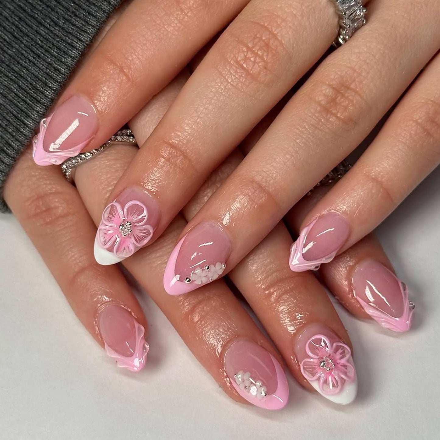 Spring Summer Press on Nails Almond Medium Fake Nails with Design Flower Stick on Nail Pink French Acrylic False Nail Cute Rhinestone Artificial Nail Glossy Full Cover Glue on Nails for Women