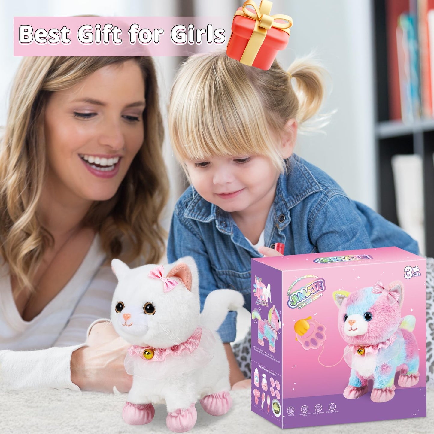 Jimate Interactive Electronic Plush Toy Walking and Barking Robot Cat Plush Cat Remote Control Kitten for Girls (White Cat)