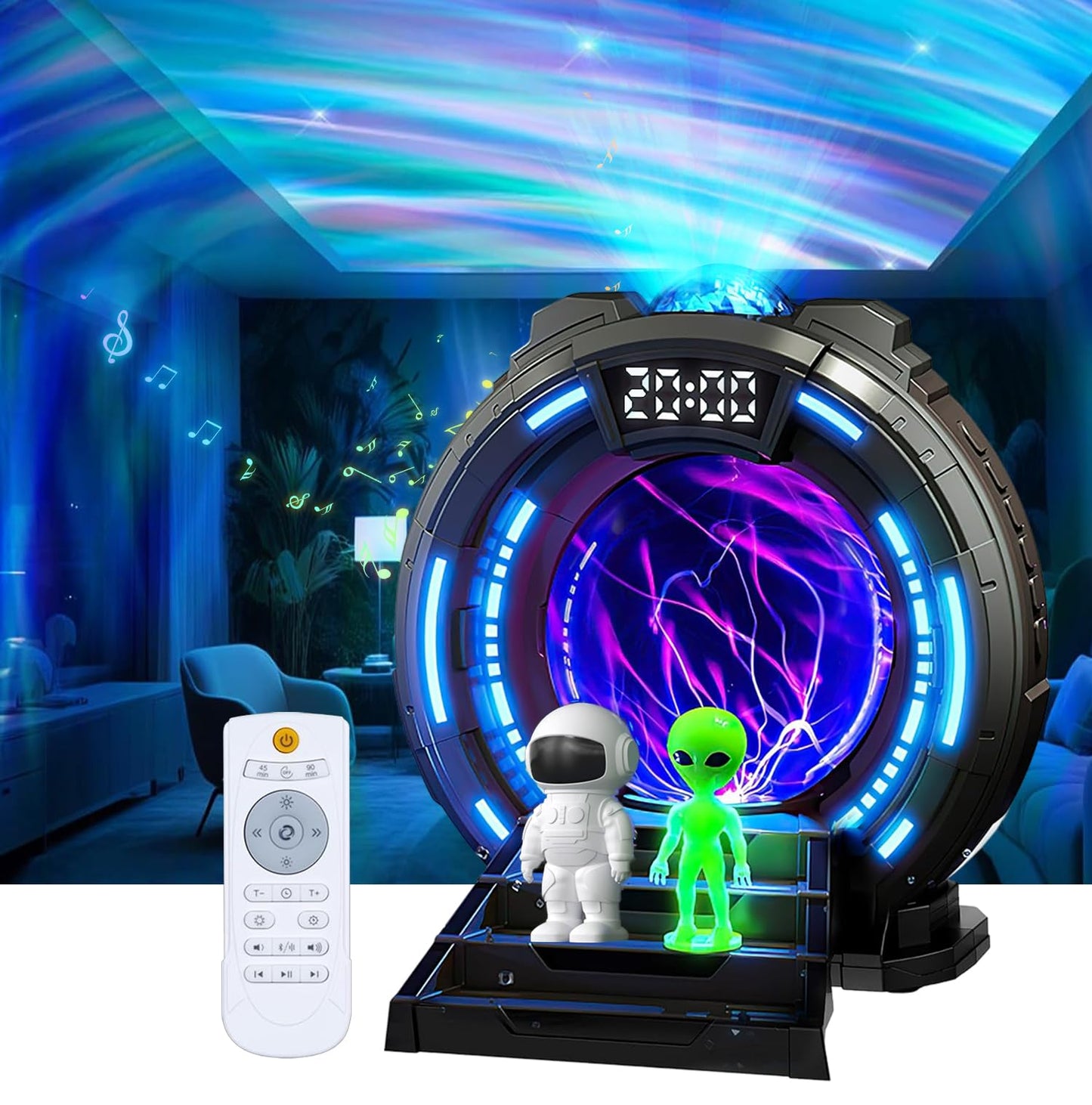 Northern Lights Projector with Plasma Ball Lamp, White Noise, Music Speaker, Alarm Clock & Remote, Stargate Astronaut Galaxy Aurora Night Light Projector for Bedroom Gaming Birthday Valentines Gifts