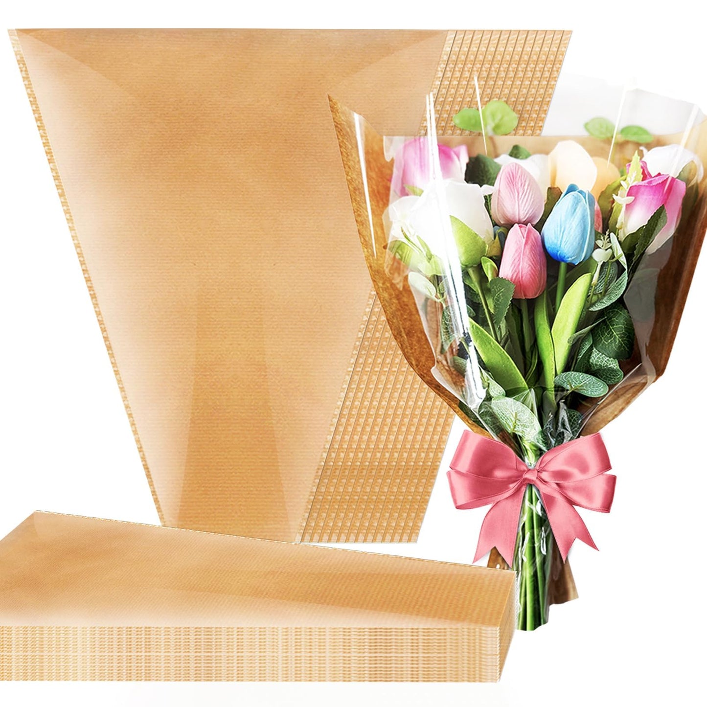 Srmayyi 100 PCS Flower Bags for Bouquets, Kraft Flower Wrapping Bags, Floral Wrapping Paper, 15.8" x 13.8" x 3.9" for Multiple Occasions