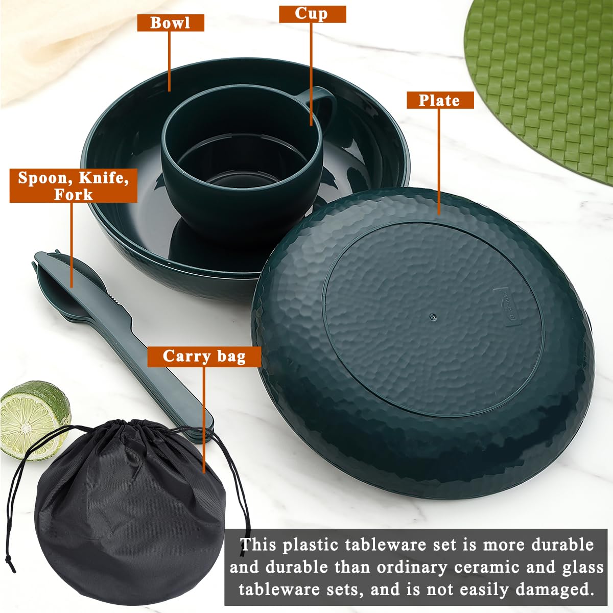 Berglander Camping Mess Kit with Bowl, Plate, Cup, Spoon, Fork, Knife and Carry Bag, Plastic Camping Accessories Essentials Gear for Travel, Camping, Picnic, Outdoor, Light Weight Easy to Carry