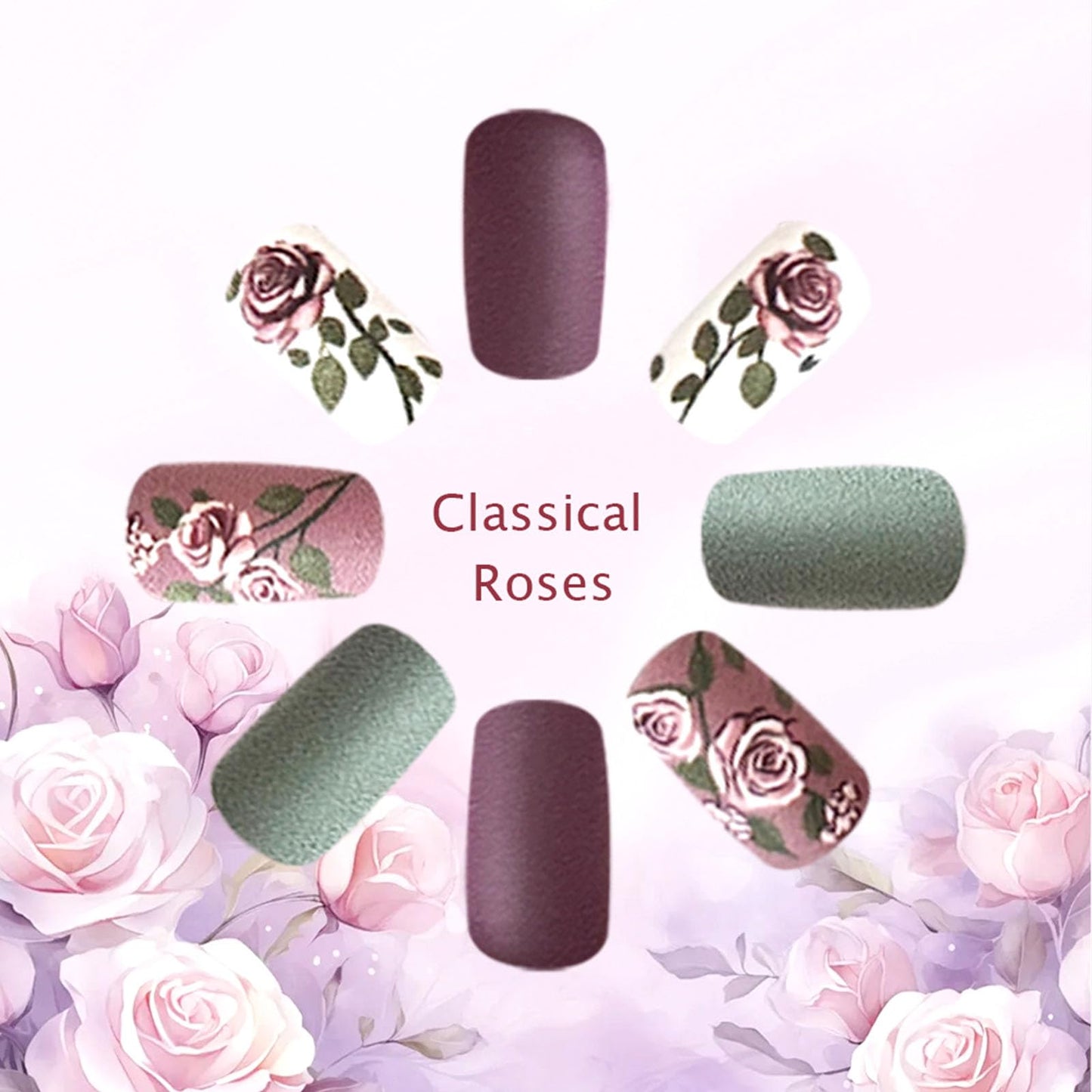 24Pcs Press on Nails Medium Square Fake Nails with Purple Flower Green Leaves Designs Matte Nails Press ons Square Medium Glue on Nails Acrylic Artificial Stick on Nails for Women