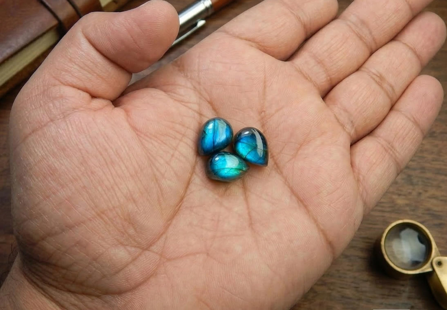 Myhealingworld Natural Calibrated 10x14mm Pear Shape Blue Fire Labradorite Cabochon Loose Gemstone 3pcs box. For Healing Wellness and Jewelry Making.