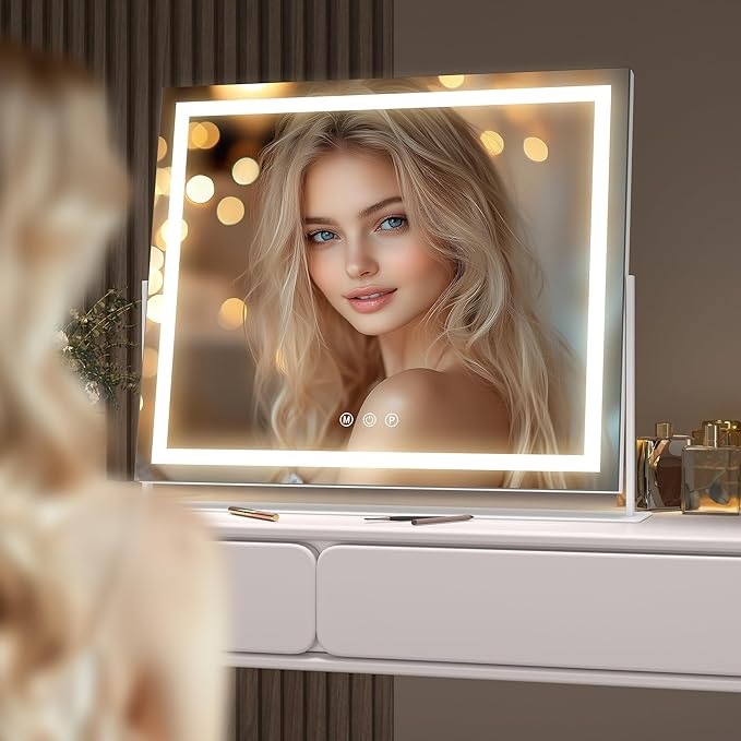 Hasipu Vanity Mirror with Lights, 16.9" x 13.4" LED Makeup Mirror, Light up Mirror with 10X Magnification, Smart Touch 3 Colors Dimmable, 360° Rotation (White)