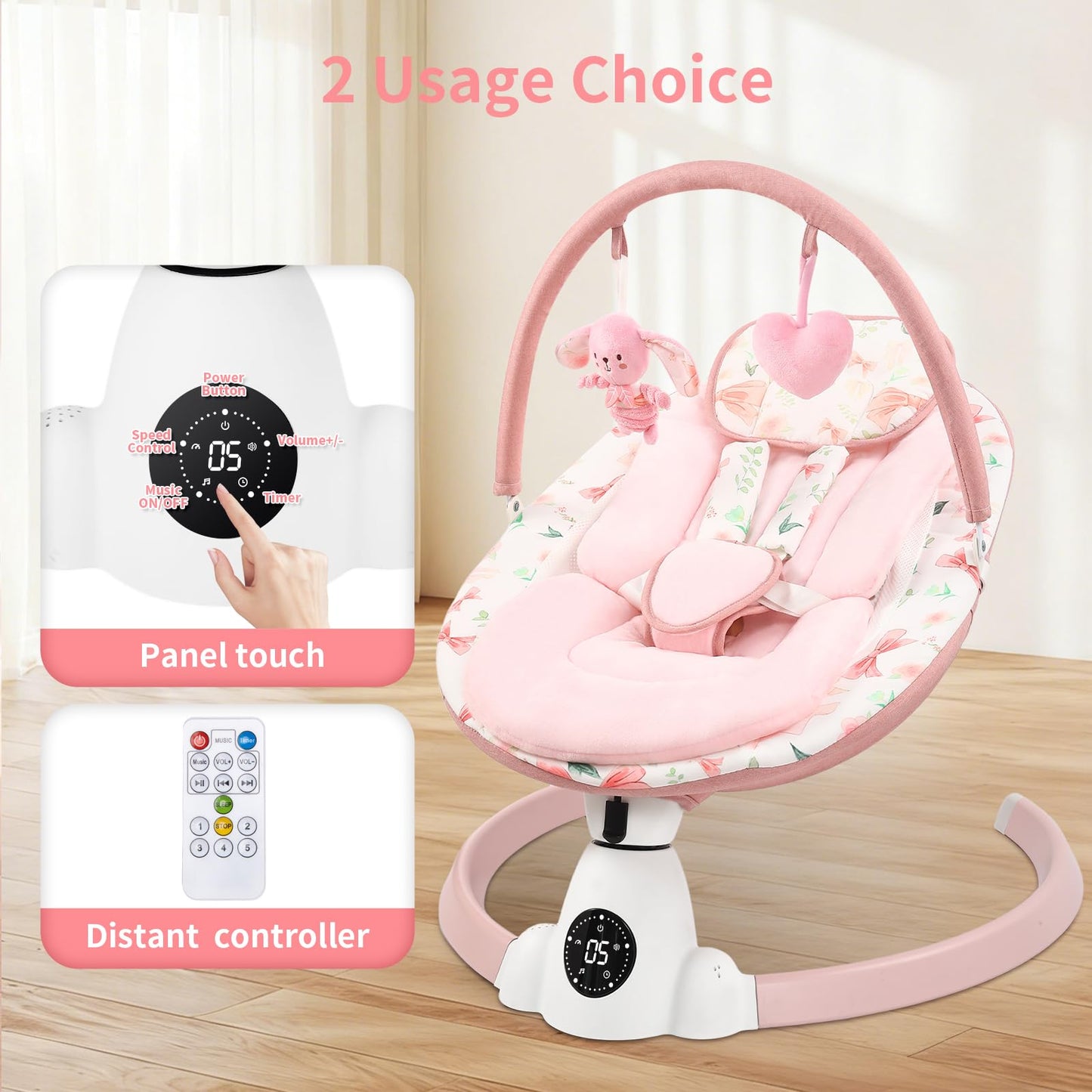 Baby Swing for Infants with 5 Swing Speeds, Portable Electric Baby Swing with Bluetooth, Remote Control & Touch Panel, 5-Point Harness, Indoor & Outdoor Use, Pink