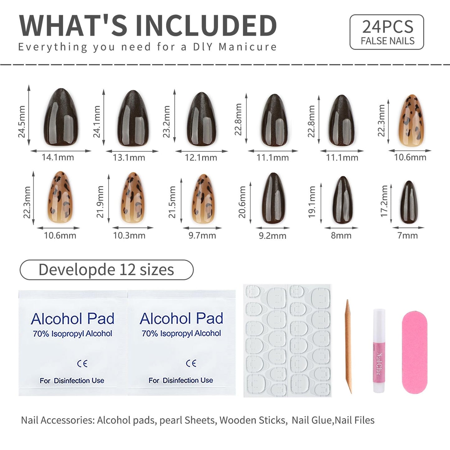 Mivota Brown Leopard Press On Nails Almond Long, 24PCS Glossy Brown Fake Nails, Leopard Print Stick On Nails for Women, Reusable Soft Gel Press on Nails, Acrylic Look Artificial Nails for Daily Wear