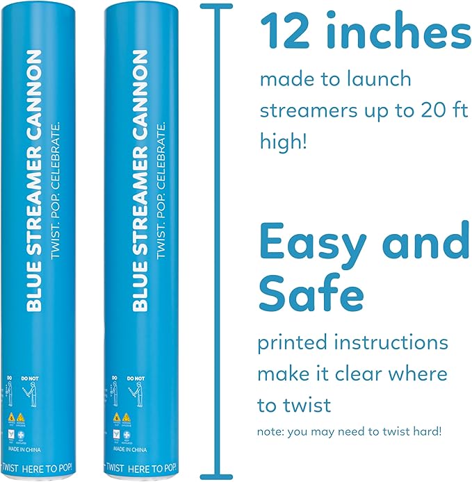 2 Pack Streamer Cannon Confetti Poppers | Biodegradable Blue Confetti | TUR Party Supplies | Launches Up to 25ft | Giant (12 in) | Party Poppers for Graduation, Birthdays, Weddings, and Memorial Day