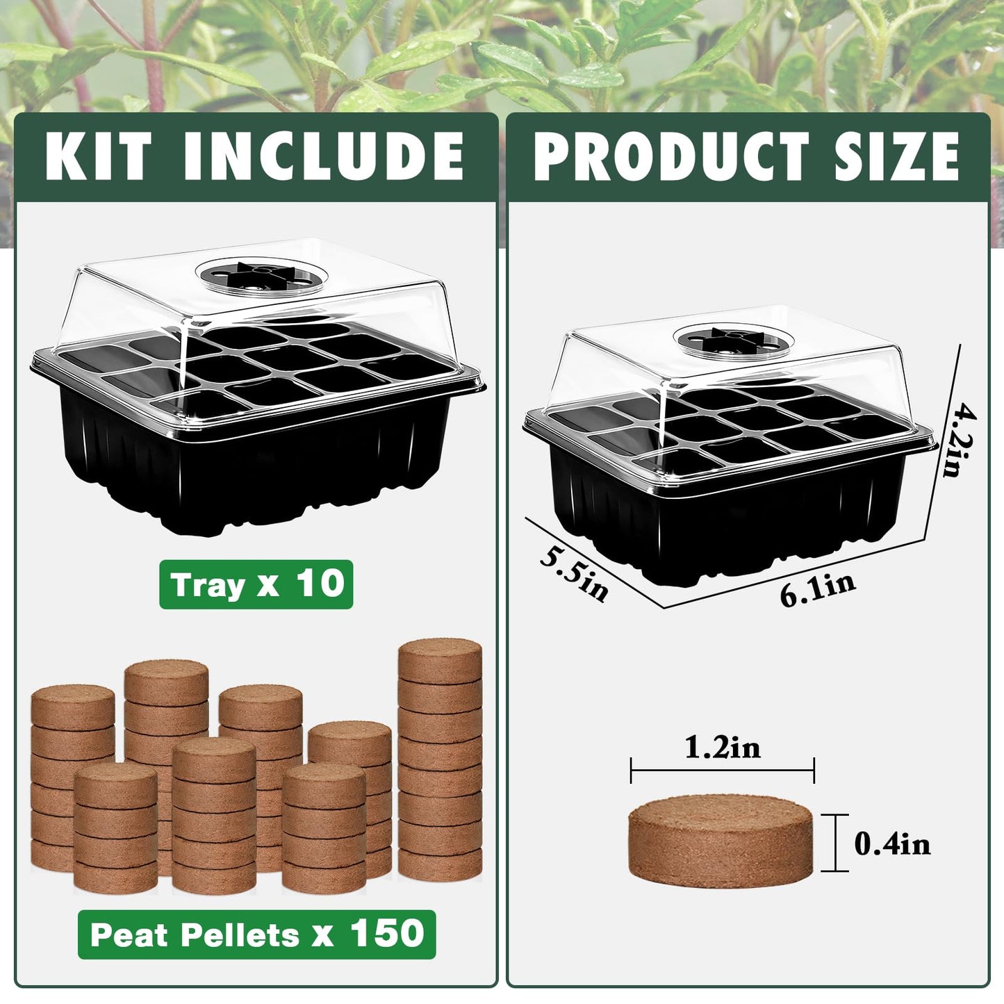 ZeeDix 10 Set Seed Starter Tray Kits, 10 Pack Seed Trays with 150 Pack Coco Coir Pellets, Adjustable Humidity Germination Tray with Dome Lids for Indoor Plants, Mini Greenhouse for Vegetables Garden